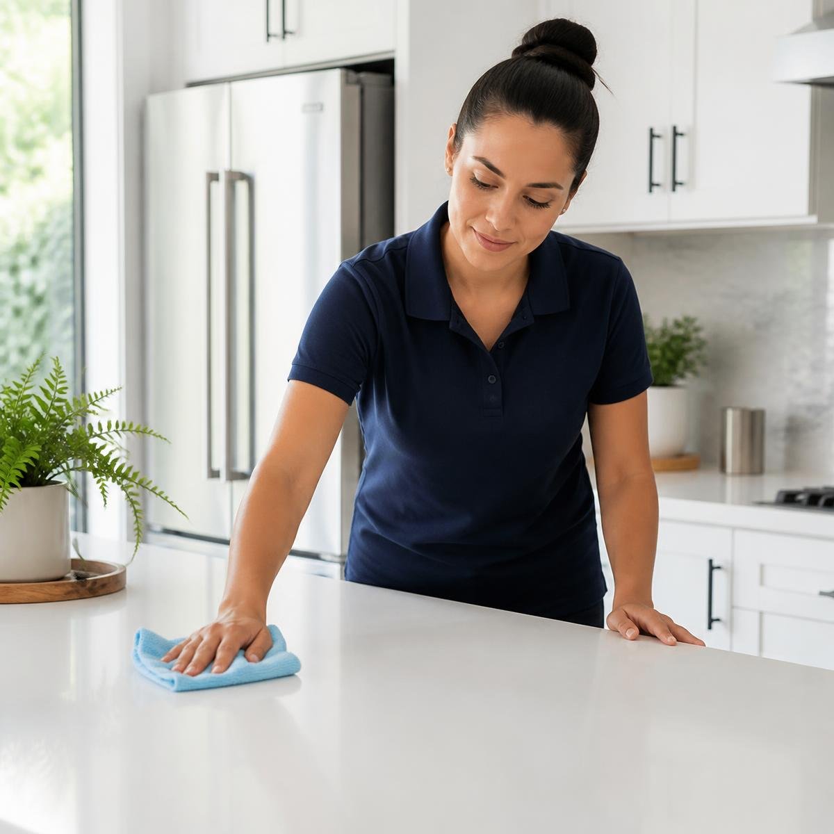 Professional cleaner working in a bright modern kitchen