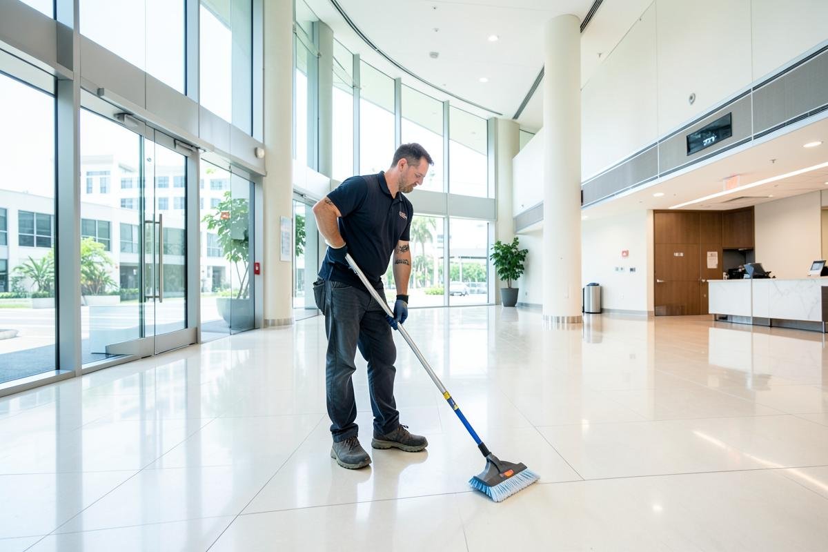 Cleaner mopping the floor of a bright commercial building lobby