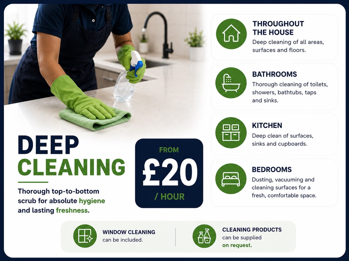 Cleaner deep cleaning a bright kitchen worktop