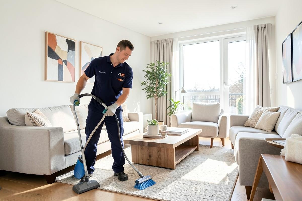 Professional cleaner vacuuming a bright modern living room