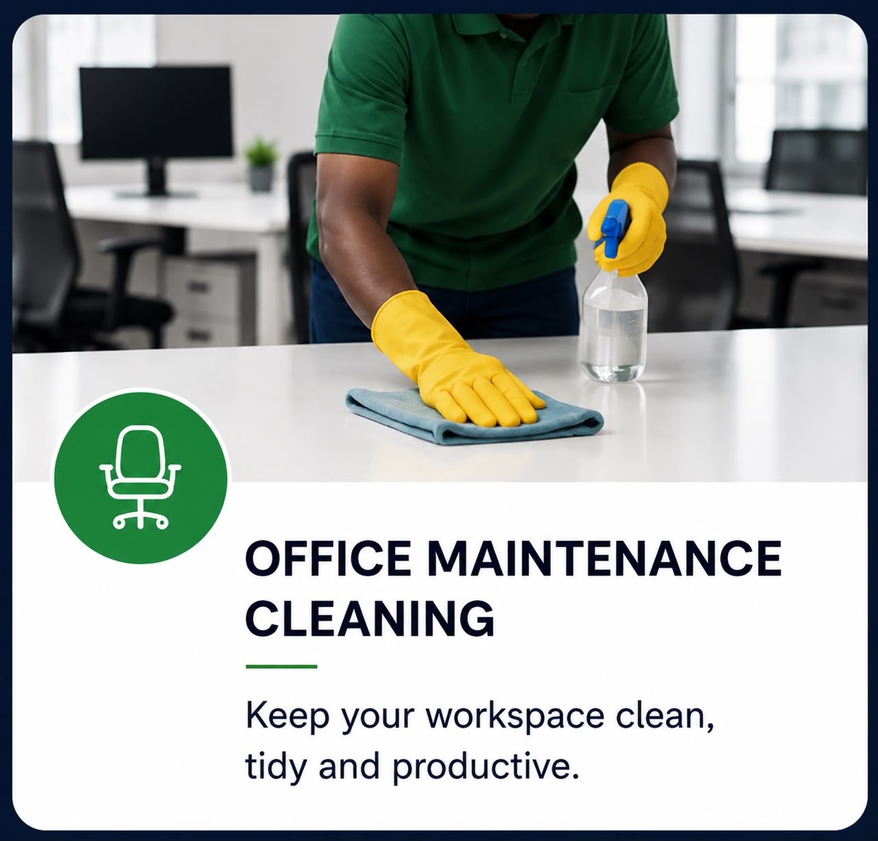 Cleaner wiping down a desk in a modern office